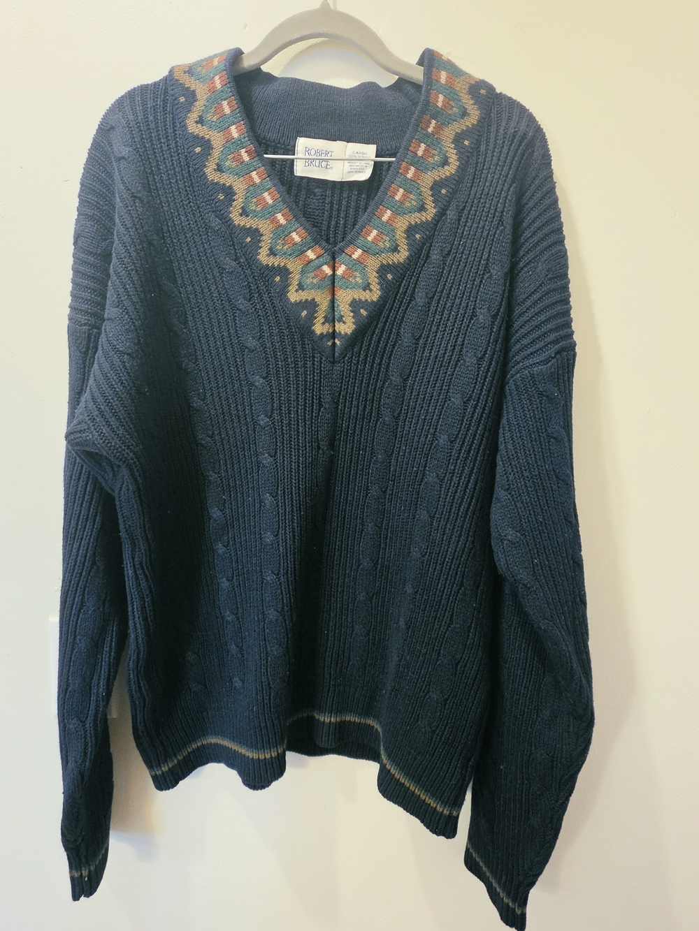 Vintage Robert Bruce Navy Cable Knit Longsleeve V-Neck Sweater Geometric Trim L